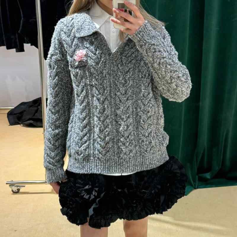 レディース ニットトップス 花柄 捻じれ編み 襟付き添い人 ティーシャツ 愛くるしげ 生新しい パステル色の 伸縮性 心地よい 普段使い