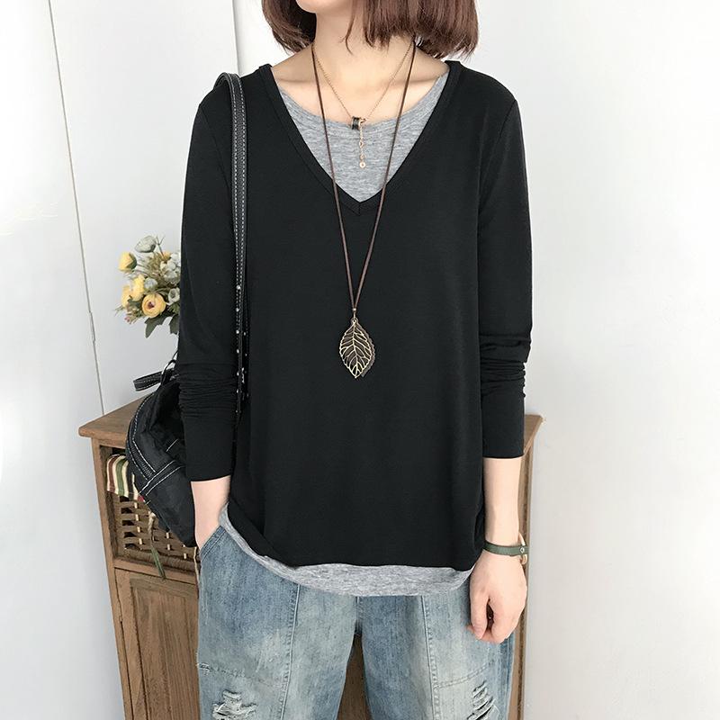 レディース 長袖 Tシャツ ゆったり Vネック レイヤード風 韓国 スタイリッシュ スリム効果 インナー トップス 普段使い 軽量 伸縮性
