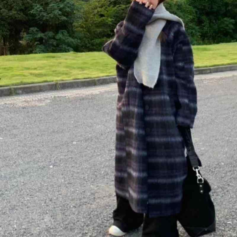 厚地の外套 レディース ロング丈 膝下丈 照合のしるし柄 羊毛原材料 ゆったり影ぼうし レトロ 韓国 窈窕たる表現スタイル 烏兎向け アウター 優しいこと 軽さ 普段使い走り 通い用