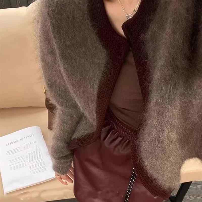 ニット カーディガン 女性用 秋冬 短め 高級感 柔らかい フェイク水貂毛 セーター アウター トップス 軽量 伸縮性 暖かみ ベージュ系 グレー系