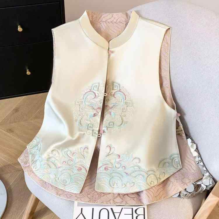 ベストコート レディース 春 中華風 刺繍 ゆったり ワイドシルエット フレアヘム リバーシブル 光沢サテン 高級感 軽量 カジュアル スタイリッシュ 快適 アウター