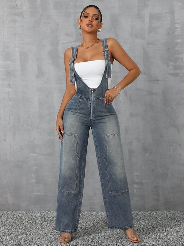 レディース デニム サロペット ワイドレッグ ストレートパンツ ロング丈 カジュアル 普段使い 個性派 セクシー 欧米スタイル コットン混 快適フィット