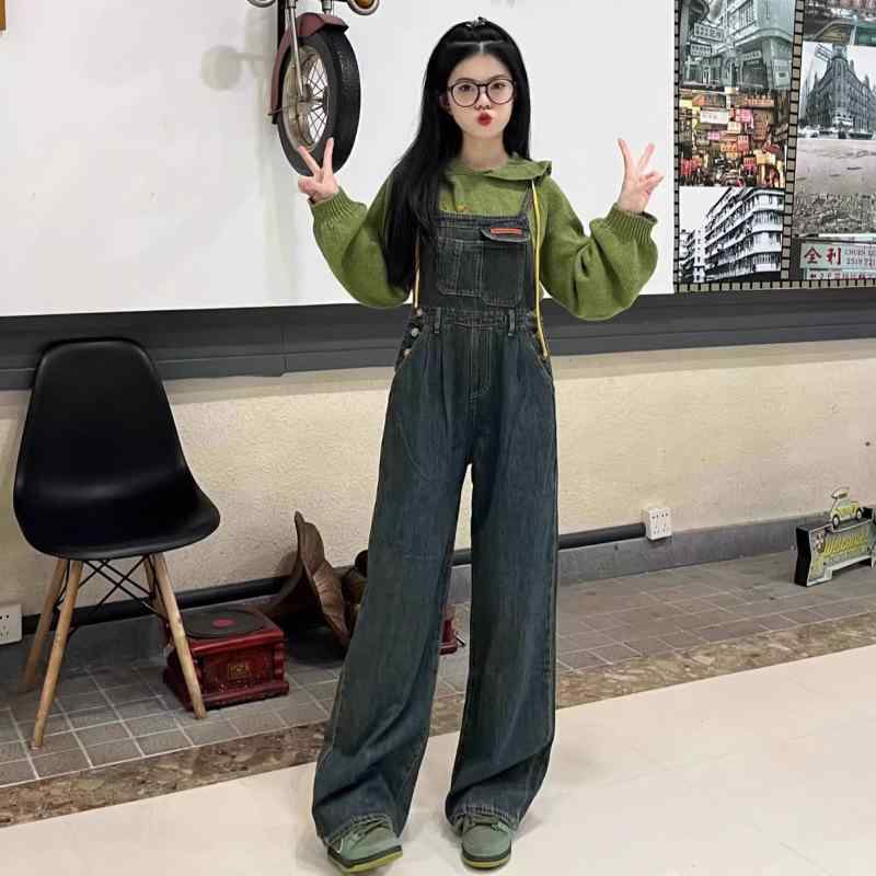 サロペット 女性用 秋冬 デニム レトロ 韓国 ゆったり ワイドレッグ ストレート オールインワン スリム効果 小柄対応 カジュアル 普段使い コットン混 ビッグシルエット