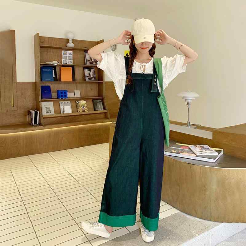 レディース 夏用 デニム サロペット ハイウエスト ワイドレッグ 切り替え コントラストカラー カジュアル 普段使い コットン 素材 快適 着心地