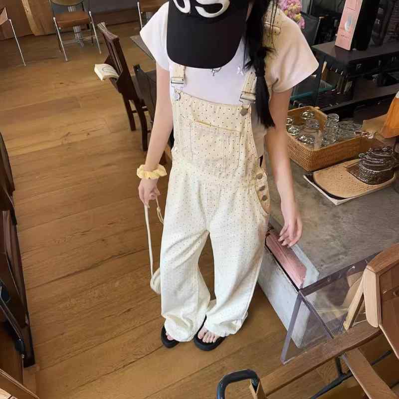レディース デニム つなぎパンツ ゆったり フィット ポルカドット柄 夏用 カジュアル スタイリッシュ かわいい リラックス 若見え 少女向け 普段使い