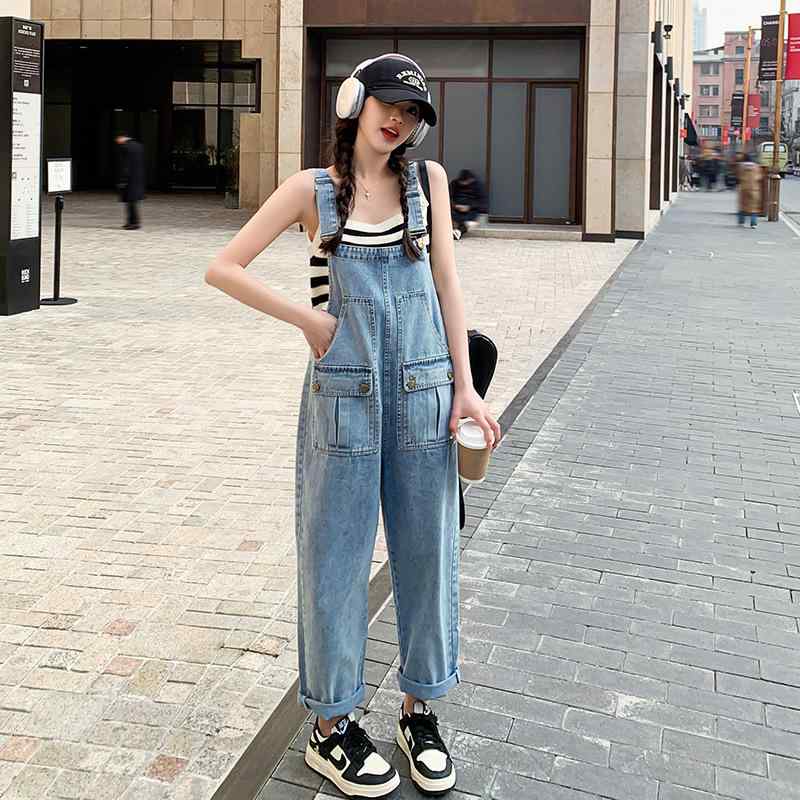 デニム オーバーオール レディース 夏用 ヴィンテージ ワーク ハイウエスト ストレート 小柄対応 ジーンズ ジャンプス カジュアル ストリート デニム素材 軽量 伸縮性｜バランスケア　店
