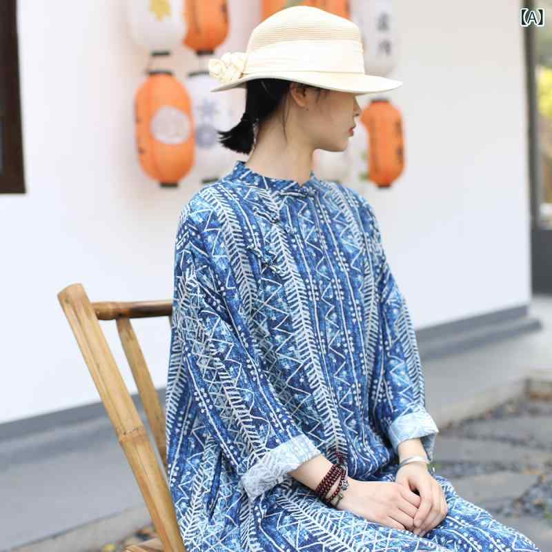 レディース チャイナドレス ワンピース 綿麻素材 蝋染風 藍色プリント レトロ スタンドカラー ヴィンテージ加工 軽量 通気性 良い エスニックx2