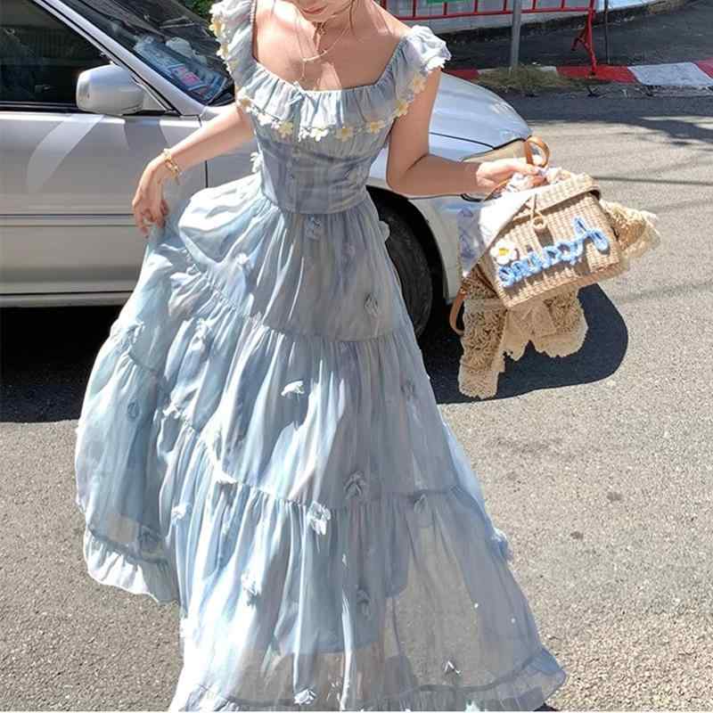 衣装 レディース ロング丈 シフォン 花柄 刷り上げる パフ捩り 同盟罷業一回り 青み系 春 フレンチ 可愛らしい か細い成り行き 口さかしい 日常使い走り 女子らしい 影ぼうし