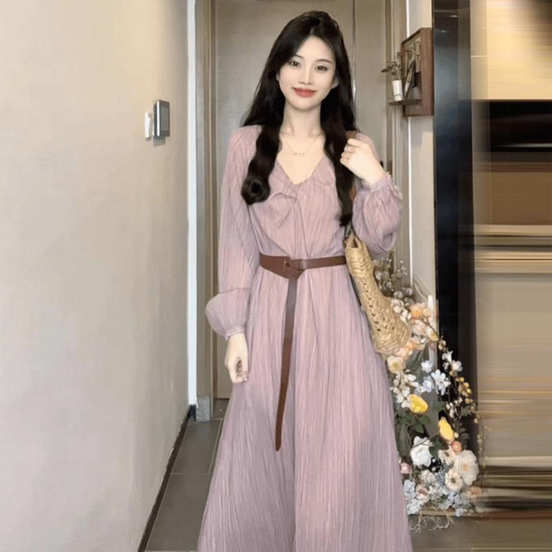 ワンピース レディース 長袖 ロング丈 フレンチスタイル フェミニン 優しい ソフト 春秋冬 日常使い 軽量 伸縮性 綿混 ベーシック ブラック ピンク系 アイボリー
