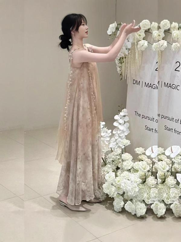 レディース 秋 ロングワンピース 中国風 フェミニン ストラップ 高級感 ビーチ リゾート ミドル丈 ファッション 軽やか シルエット エレガント