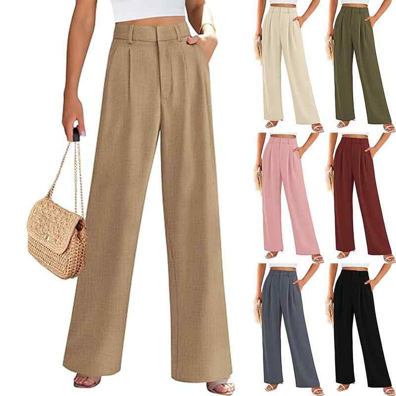 レディース ハイウエスト ワイドレッグ パンツ ビジネス カジュアル ストレッチ ポケット付き ストレート レッグ ロング丈 通勤用 普段使い 快適素材