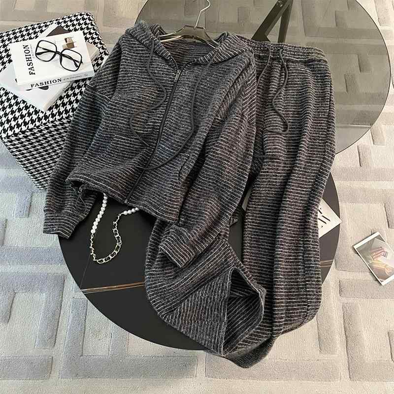 レディース 秋 ストライプ フリース スウェット トップス ワイドパンツ セットアップ ゆったり シルエット スリム効果 スポーツカジュアル 日常使い