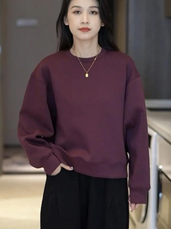 レディース 長袖 ラウンドネック トップス 秋 ゆったり ワイドシルエット スリムライン カジュアル シンプル 韓国 セットアップ 軽量 コットン 素材 通気性 吸湿速乾 コーディネートしやすい 普段使い