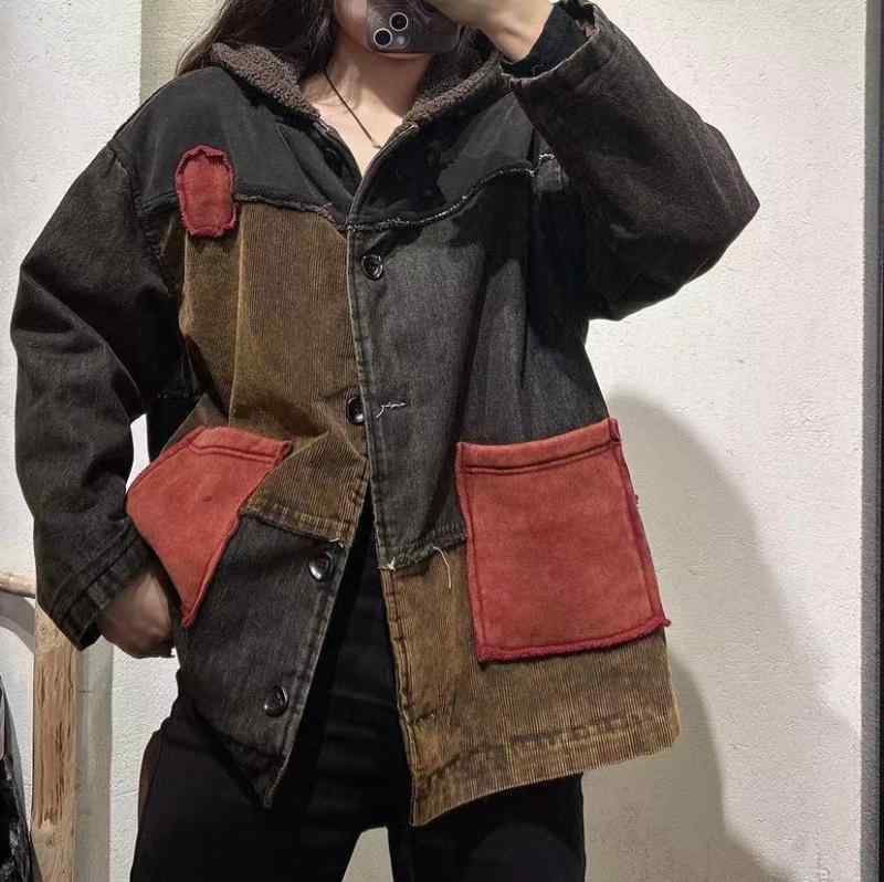 レディース 冬用 コート レトロ デニム コーデュロイ 切り替え フード付き 暖か コントラストカラー スリム コットン アウター 保暖 百搭