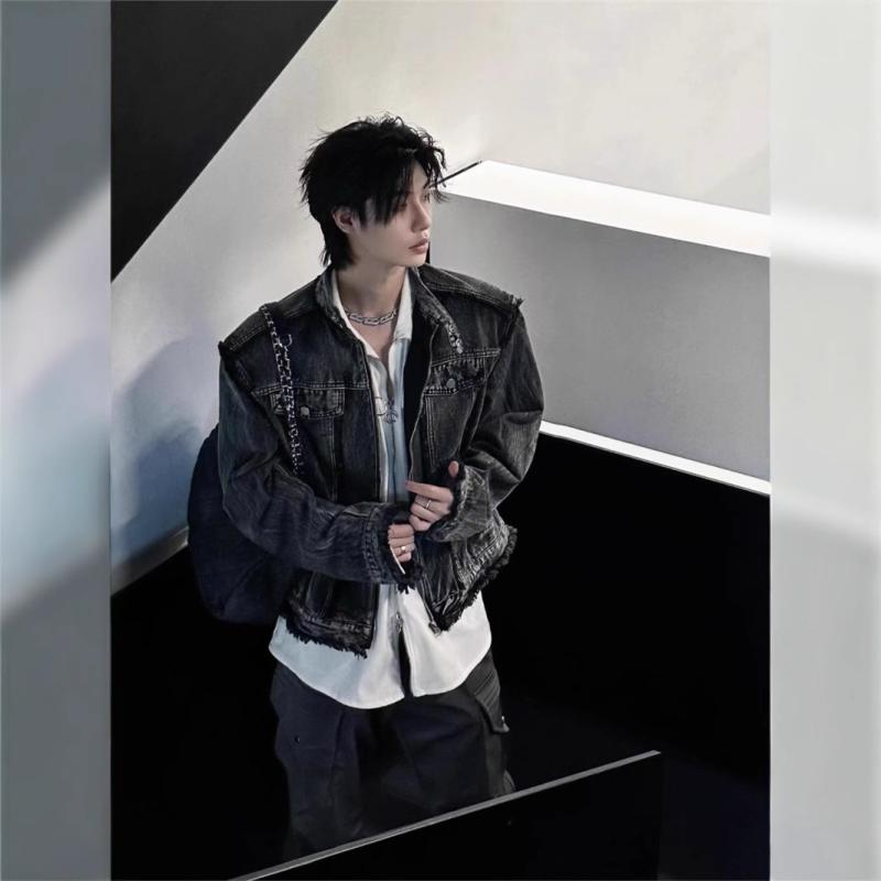 ジャケット メンズ デニム ショート丈 フリンジ レトロ アメリカンスタイル ストリート ウォッシュド 春秋 カジュアル アウター スタイリッシュ ビンテージ風 ストリートファッション