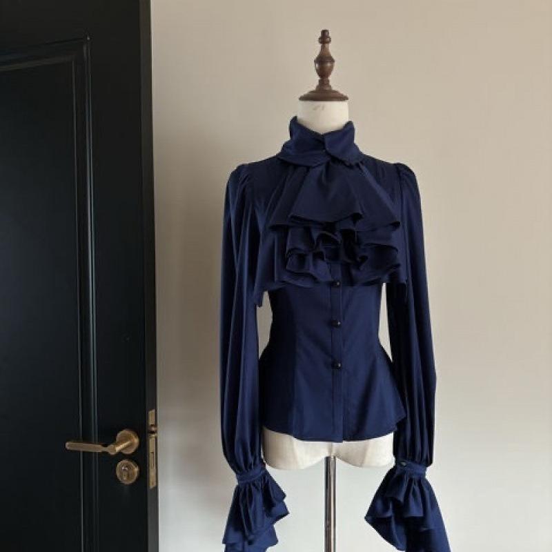 レトロ 長袖 シャツ フリル 袖 カジュアル トップス 女性用 綿素材 軽量 伸縮性