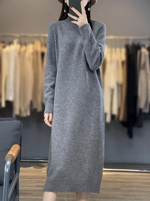 レディース 秋冬 ウール ニット ワンピース ゆったり ロング丈 膝下丈 丸首 暖かみ スタイリッシュ 膝上丈 ミドル丈 柔らかい 着回し コーディネート|バランスケア 店