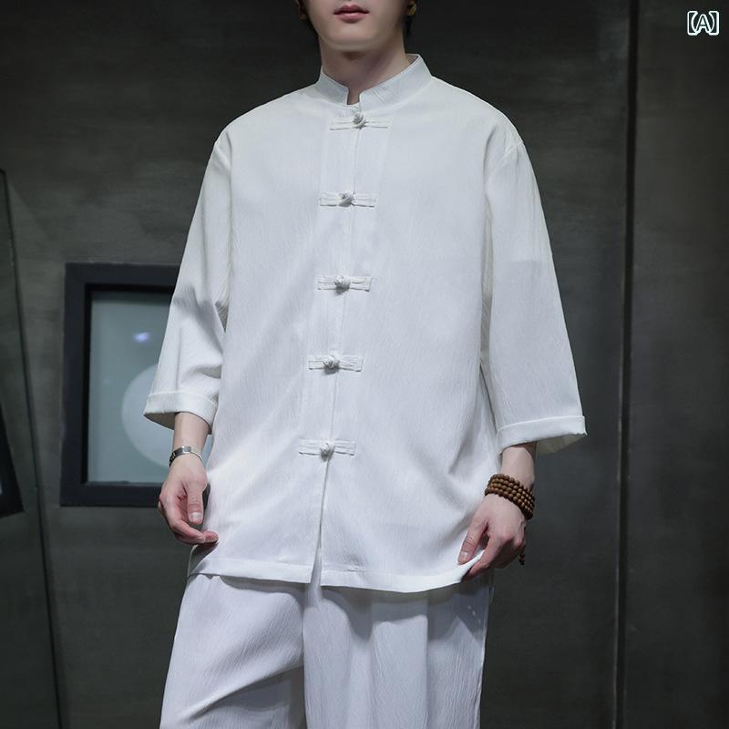 シャツ メンズ ビッグサイズ 中国風 立襟 盤扣 七分袖 夏用 カジュアル トップス 普段使い リラックスフィット 綿混 軽量 吸湿速乾