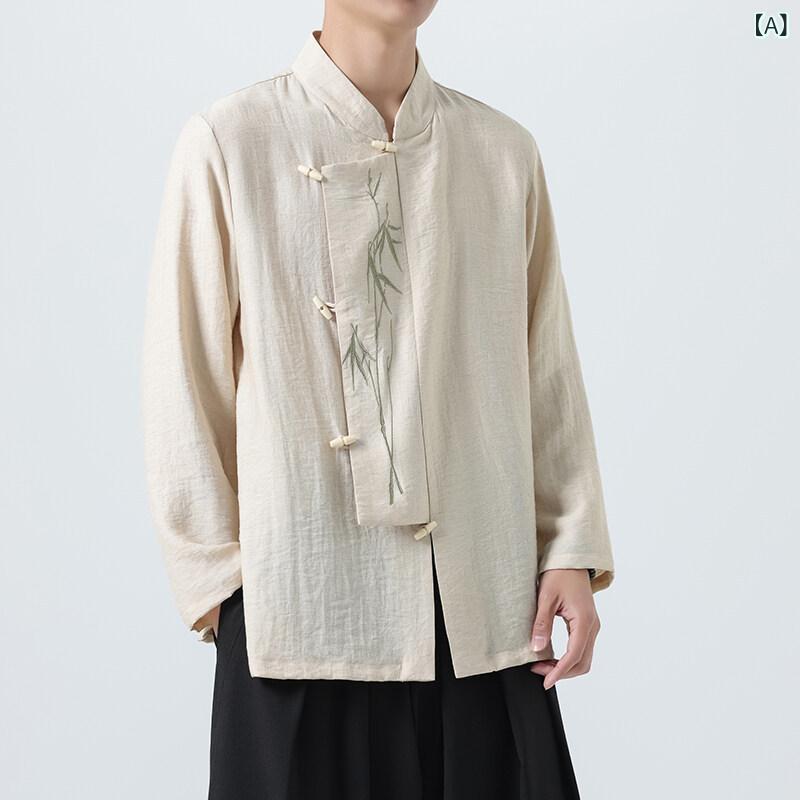 メンズ 長袖 シャツ 竹枝 刺繍 綿麻 素材 ゆったり シルエット 大きめ サイズ 中国風 春秋 トップス 通気性 快適 普段使い