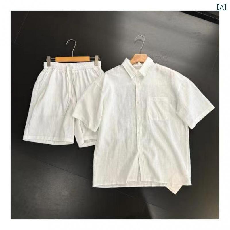 メンズ 夏用 カジュアル リネン 短袖シャツ コットンリネン ショーツ セット 軽量 吸湿速乾 通勤 普段使い