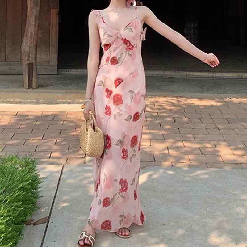 ワンピース レディース ピンク 小花柄 ローズプリント Vネック 春 スリムフィット リゾート ロングドレス 女性用 膝下丈 軽量 コットン混 かわいい 日常使い