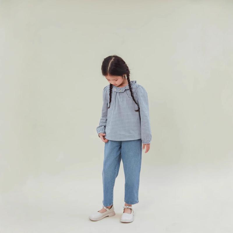 女の子 シャツ 春夏 綿100% グレー チェック柄 チェリー刺繍 フリル襟 長袖 トップス 子供服 日常使い 軽やか 綿素材|バランスケア 店