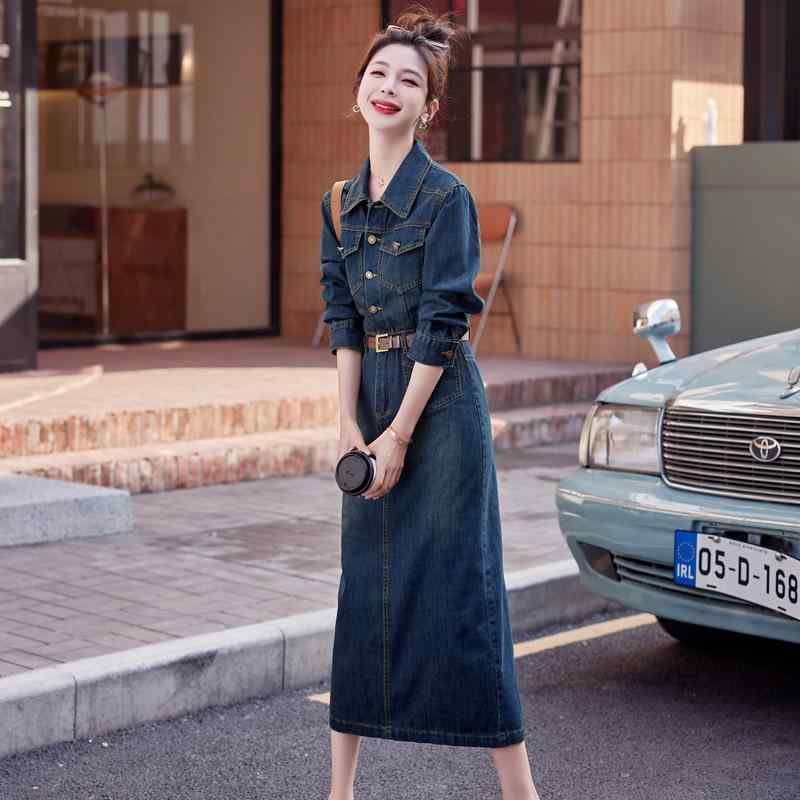 ワンピース 女性用 春秋 レトロ デニム 中長丈 高級感 ウエストシェイプ スリム 普段使い カジュアル ストレッチ