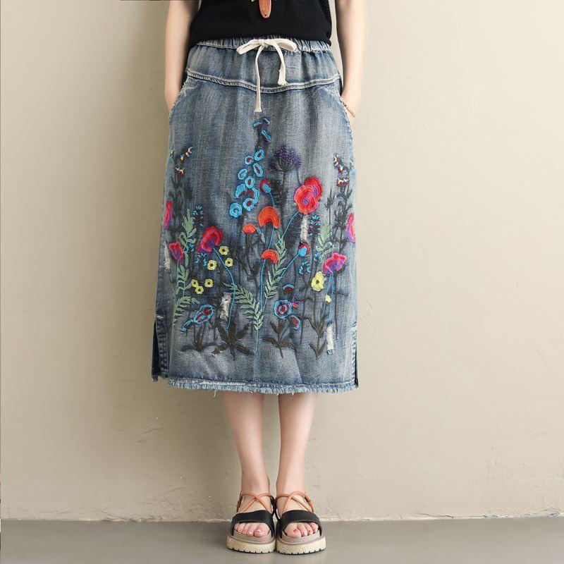スカート レディース ゆったり 大きめサイズ エスニック デニム 刺繍 伸縮ウエスト 大型ポケット サイドスリット レイヤード ミディ丈 カジュアル 普段使い コットン混