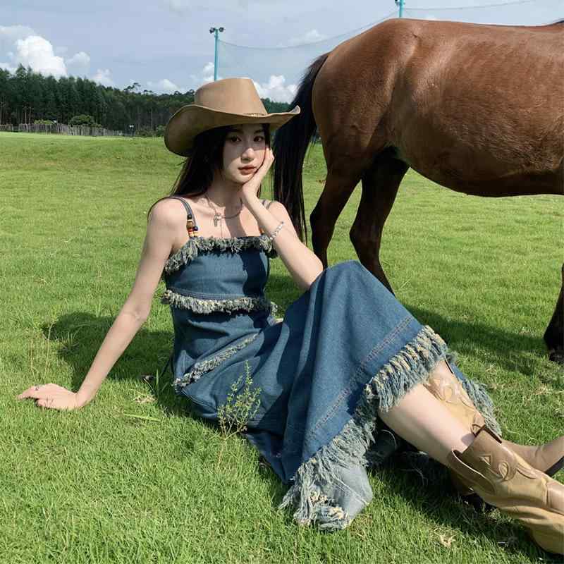 ワンピース レディース デニム ロング キャミ 夏 レトロ フリンジ ビーズ アメリカン スタイル ユニーク カジュアル 普段使い フェミニン