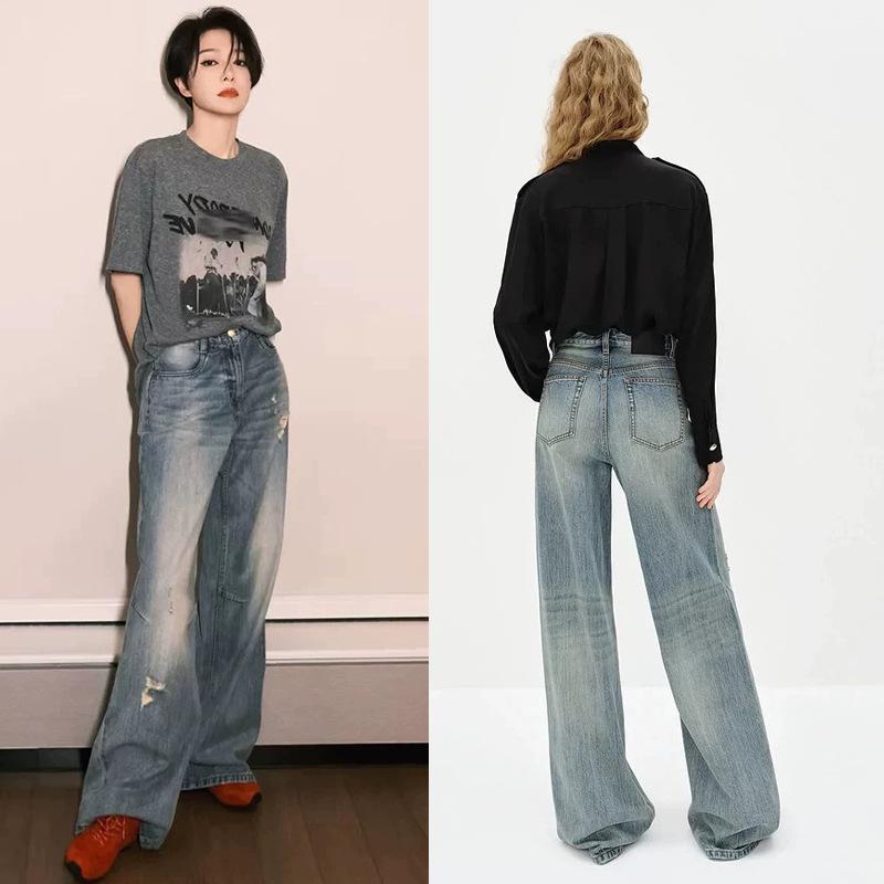 レディース ノンストレッチ 中高腰 ダークブルー 破れ 磨耗 レトロ ワイドレッグ デニムパンツ ジーンズ ボトムス 通勤 普段使い コットン 素材 ハイウエスト シルエット ビンテージ スタイル