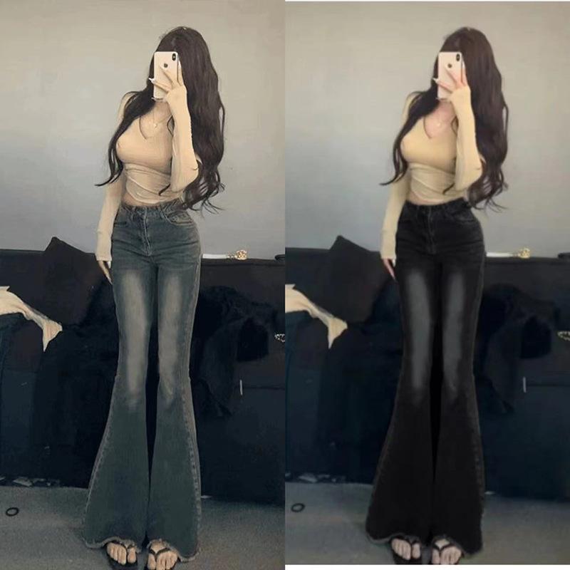 レディース デニムパンツ ハイウエスト 微フレア ロング丈 春 レトロ ウォッシュ加工 体型カバー スリムシルエット ぽっちゃり対応 カジュアル 普段使い ストレッチ
