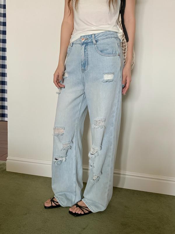 レディース デニムパンツ ライトブルー ダメージ加工 ストレートレッグ ハイウエスト ワイドレッグ ロング丈 夏用 ゆったりシルエット 混 再生繊維 カジュアルスタイル 通勤対応 軽量素材 吸湿速乾