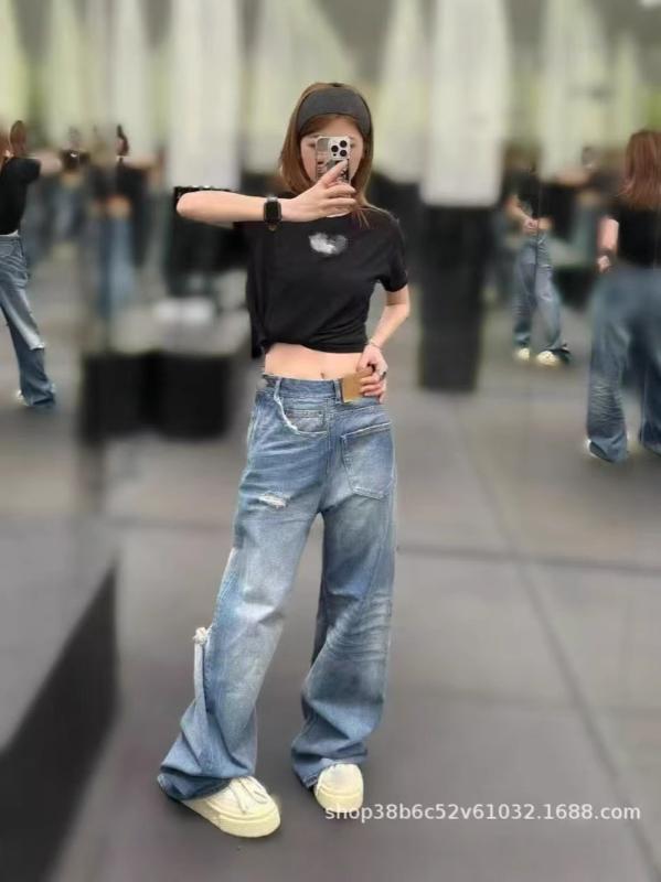 レディース デニムパンツ ストレート ダメージ加工 ウォッシュ ストリートスタイル カジュアル 普段使い 切り替え 再生繊維 伸縮性 軽量 ブラック ピンク系 アイボリー 通勤用 アウトドア