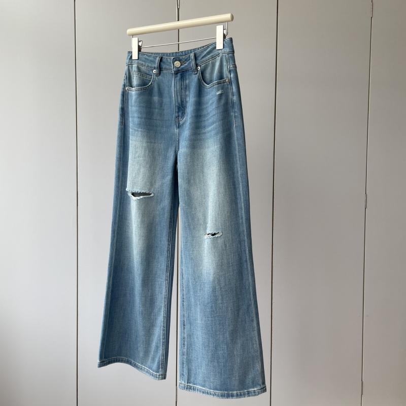レディース デニムパンツ ハイウエスト ワンボタン 軽量 ゆったり ストレート スリム見せ コットン混 ディストレス加工 柔らか素材 快適 普段使い