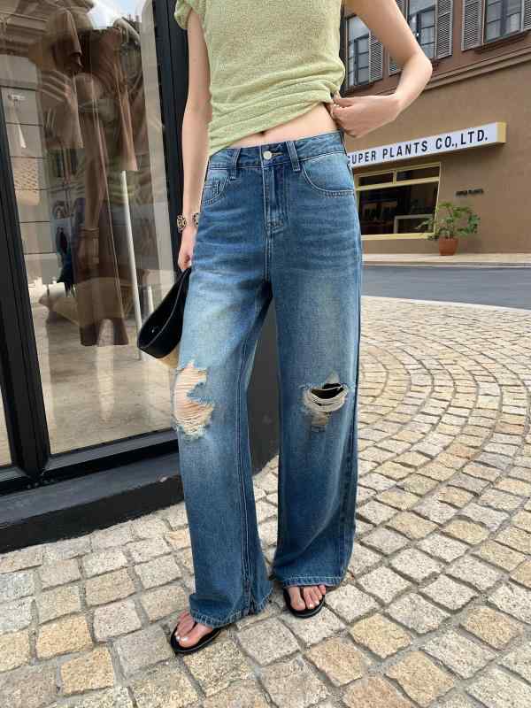 レディース デニムパンツ ハイウエスト ストレート レトロ ダメージ スリム ロング ゆったり 細身 床引き コットン 普段使い カジュアル ボトムス ジーンズ 女性用 トップス コーデ