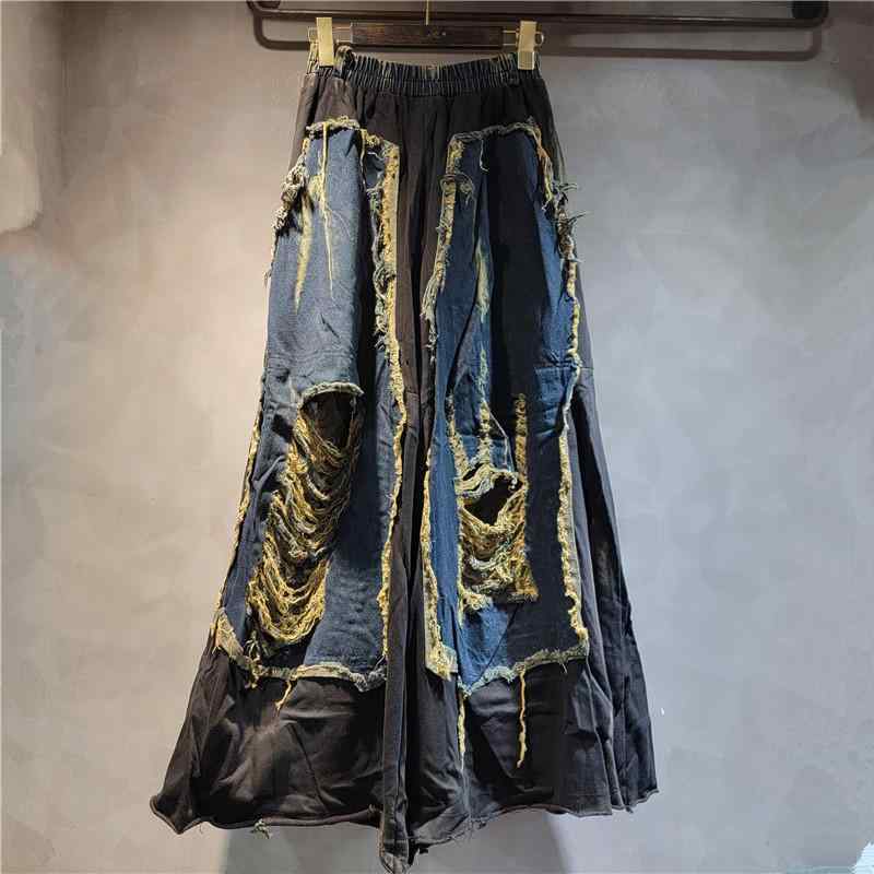 レディース デニムパンツ タイダイ加工 ビンテージ風 ステッチ ゆったり ゴムウエスト ダメージ ワイドレッグ フロア丈 カジュアル ボトムス フィット ストリートスタイル
