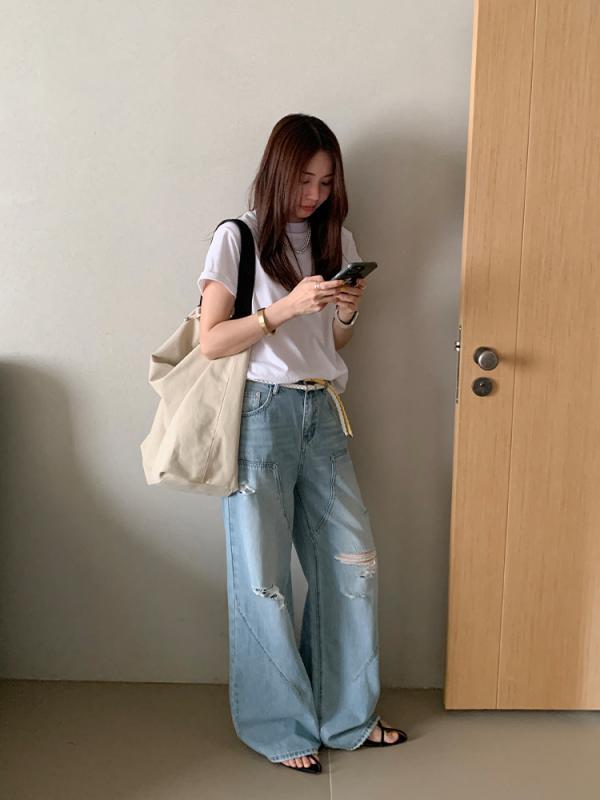 レディース デニムパンツ 夏用 ワイドレッグ ゆったり ディストレス 不規則 立体分割 破れ ストリートスタイル デニム素材 軽量 伸縮性