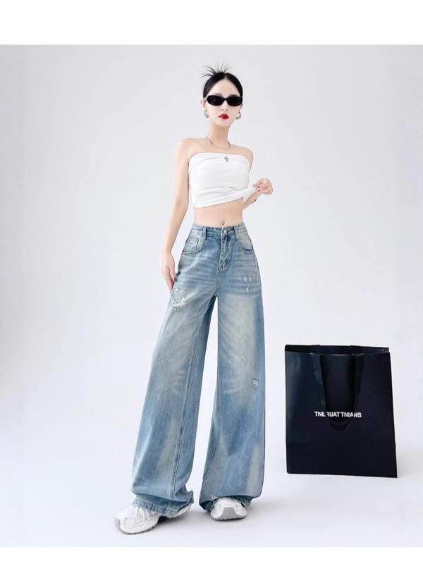 レディース デニムパンツ ワイドレッグ ストレート ロング丈 細見え 破れ 加工 レトロ ビンテージ スタイル カジュアル ストリート ファッション