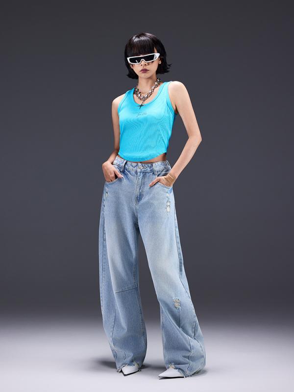 レディース デニムパンツ ハイウエスト ワイドレッグ ブルー 春夏 水洗加工 ロング丈 カジュアル 普段使い ゆったり ストレッチ コットン混