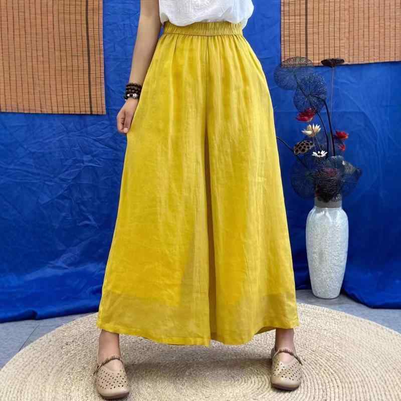 レディース ラミー 二重 ハイウエスト ワイドレッグパンツ 春秋 カジュアル ゆったり 風流 細身麻 スカートパンツ 普段使い 軽量 通気性 伸縮性