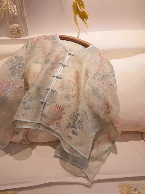 レディース チャイナ風 刺繍 チュール シフォン ブラウス 高級感 個性的 軽やか トップス 女性用 軽量 素材 吸湿速乾 伸縮性 春夏 秋冬 通勤 普段使い