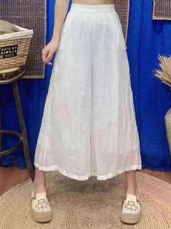 パンツ レディース 夏 ラミー ゆったり ワイドレッグ スリム ニーパンツ ストレート レトロ 軽量 通気性 普段使い