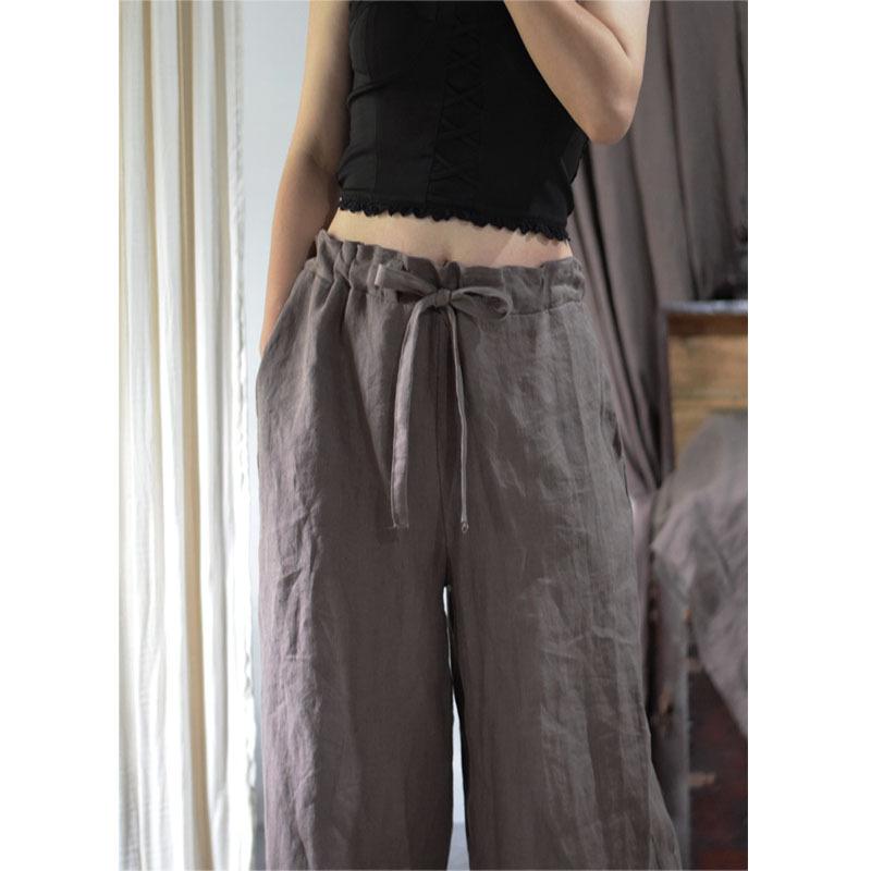 パンツ レディース リネン ワイドレッグ ストレート 春秋 伸縮ウエスト ドローコード スリム見せ レトロ ボヘミアン 洗い加工 柔らかい 素材 軽量 カジュアル 普段使い