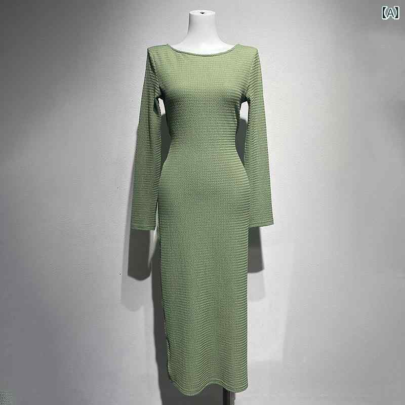 小 衆 2024 秋冬 弾力 しわ 修身中 ロング スカート 丸 首 長袖 ワンピース 女性