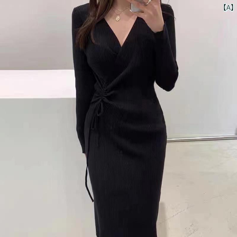 ワンピース 長袖 プリーツワンピース 上品 秋冬 秋冬 韓国 chi フランス 軽 熟 風 v ネック しわ 引き 紐 ウエスト長 型 包 尻 ニット ワンピースx2