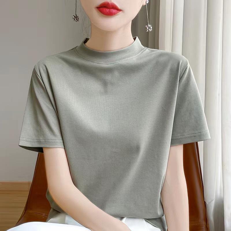 春夏 レディース 半高領 コットン 短袖 Tシャツ ゆったり 光沢加工 インナー トップス ホワイト 吸湿速乾 軽量 普段使い