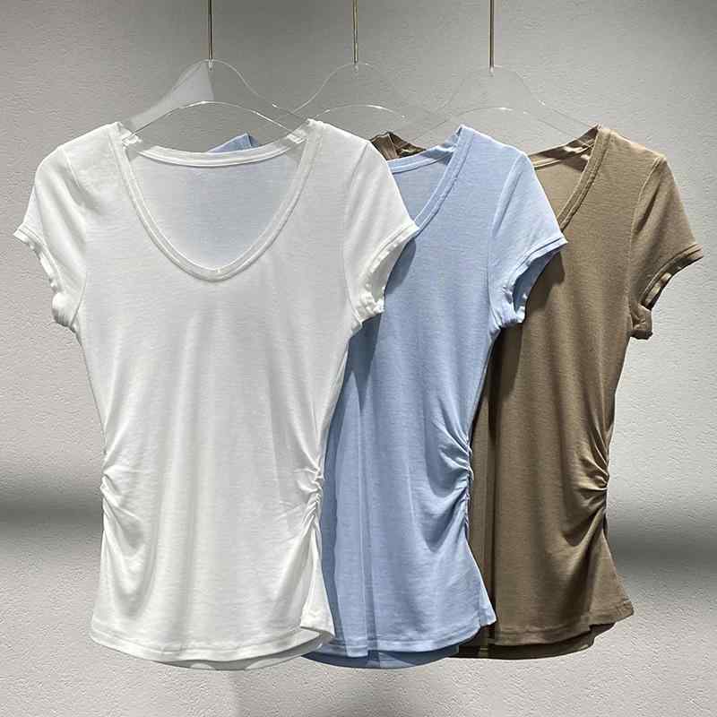 レディース 夏 Vネック 半袖 Tシャツ 無地 ストレートショルダー スリムフィット プリーツ ウエストイン カジュアル トップス コットン 混 吸湿速乾 軽量 伸縮性 普段使い 通勤対応 ブラック ホワイト ピンク系 アイボリー|バランスケア 店