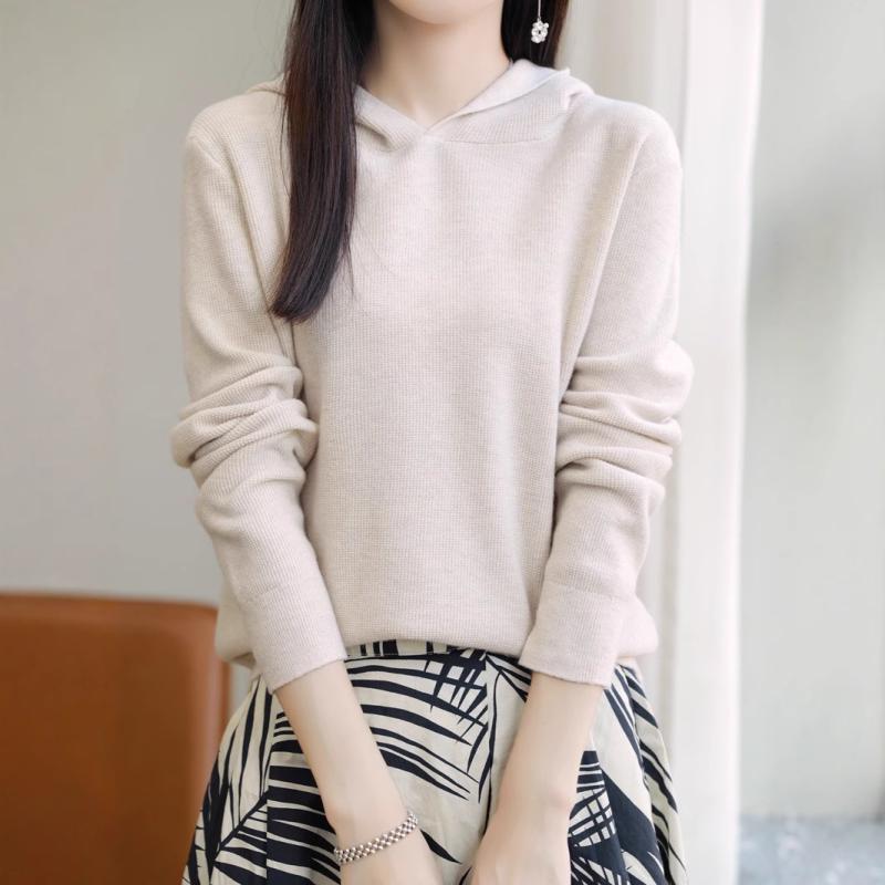 ニット フーディー 女性用 秋冬 長袖 Vネック 上品 リラックス スタイル 単色 ウール 素材 暖かみ ゆったり フィット インナー トップス カジュアル 普段使い|バランスケア 店