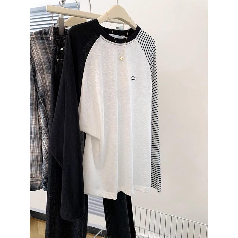 レディース 長袖Tシャツ 黒 ストライプ 肩入れ ゆったりシルエット UVカット 日焼け防止 春秋 カジュアル トップス 通勤 普段使い 吸湿速乾 軽量