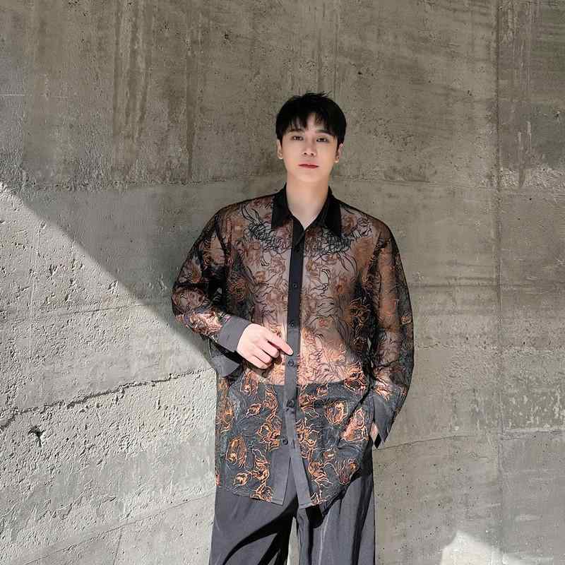 シャツ メンズ 長袖 薄手 シースルー メッシュ レース 刺繍 ジャカード UVカット 通気性 軽量 夏用 カジュアル アウター